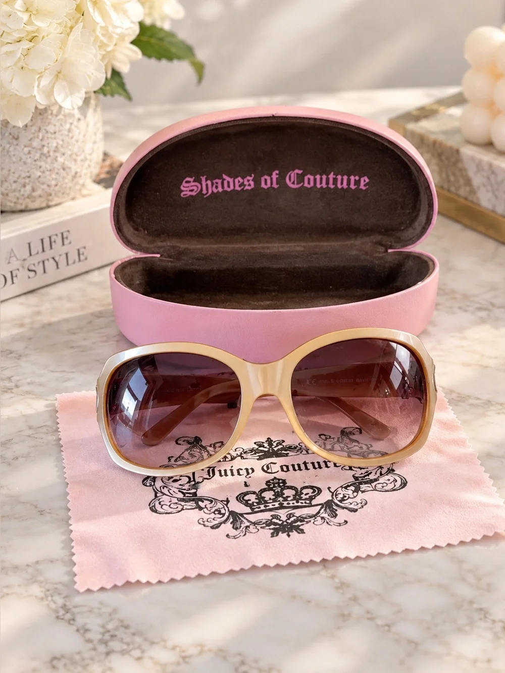 Juicy Couture Gold Oversized Sunglasses with Pink Case and Cloth